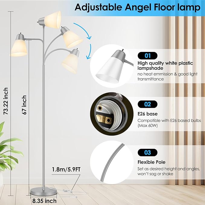 Floor Lamp for Living Room, Adjustable Standing Room Lamp with White Plastic Shade, Grey Reading Floor Lamps for Dorm, Bulb not Included