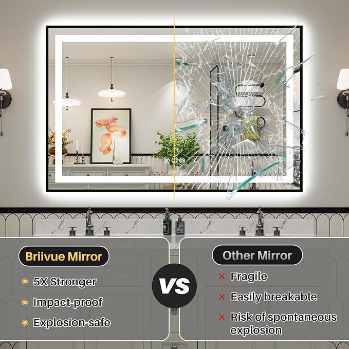 72x40 Inch LED Bathroom Mirror with Black Frame, Backlit & Front Lit | Anti-fog, 3 Color Dimmable, Memory Function, HD Reflection Tempered Glass, ETL Listed, IP54 Waterproof