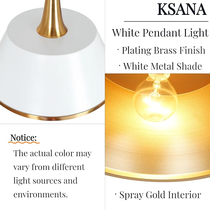 KSANA Pendant Lights Kitchen Island, 9'' White and Gold Metal Pendant Light Fixtures, Modern Plating Brass Kitchen Pendant Lighting Over Island