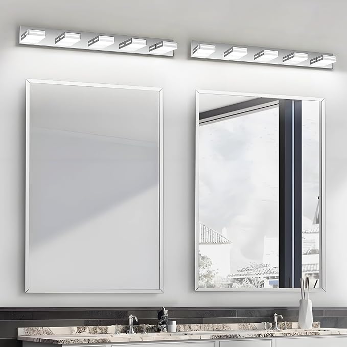 LED Modern Bathroom Light Fixtures, 5-Light 40-Inch Chrome Vanity Lights for Bathroom Lighting Fixtures Over Mirror, 6000K Cool White 350° Rotatable Wall Lamp
