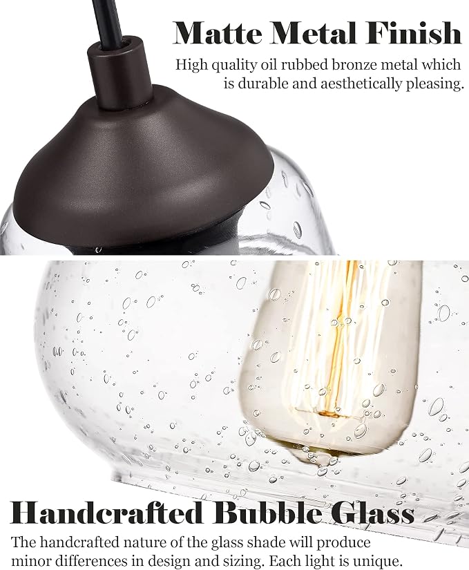 ELYONA 2 Pack Bubble Glass Pendant Lights, 8 Inch Vintage Hanging Lamp Seeded Glass Industrial Pendant Light Fixtures for Kitchen Island, Farmhouse, Bar, Bathroom, Dining Room, Oil Rubbed Bronze