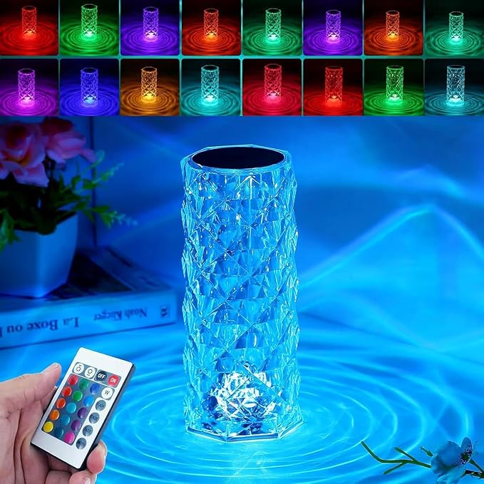 Crystal Table Lamp Touch, 16 Color Changing Night Light, Rechargeable, Dimmable, RGB Rose Diamond Ambient Mood Lighting, Protable Cordless Desk Lamp Bedside Led Light for Bedroom Living Room Party