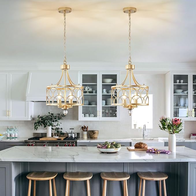 4-Light Gold Chandelier,12.6in Farmhouse Lantern Pendant Light Fixture,Adjustable Hanging Ceiling Lamp with E12 Socket,for Kitchen Island,Bedroom,Entryway,Dining Room