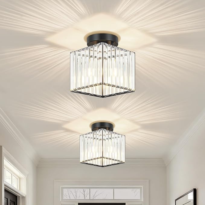 Modern Black Ceiling Light Fixture Crystal Hallway Entryway Light Fixtures | 2-Pack, 7.24 Inch, E26 Dimmable, Bathroom Bedroom Ceiling Light, Kitchen Dining Room Closet Close to Ceiling Light Fixtures