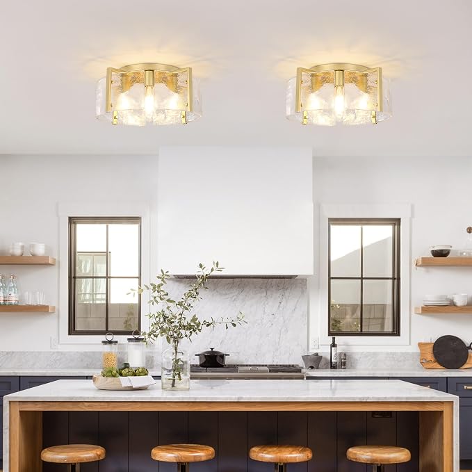 Gold 4-Light Semi Flush Mount Ceiling Light,17.7'' Modern Glass Drum Fixture,Farmhouse Hallway Light Fixtures,Ceiling Lights for Foyer Entryway Bedroom Kitchen Island Dining Room Living Room
