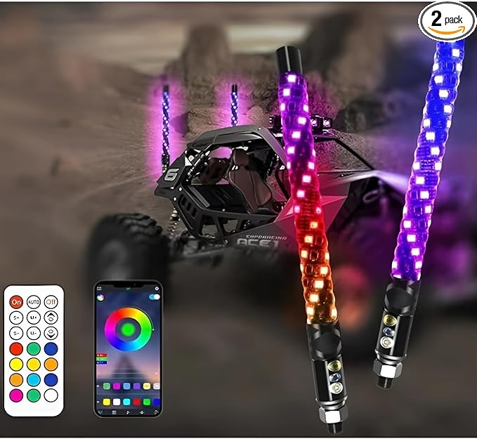S7 2 Pack 1FT Whip Lights, LED Whip Light with App & Remote Control, Spiral RGB Chasing Lighted Antenna Whips,Whip Light for UTV ATV RZR SXS Can-Am Dune Buggy Offroad Truck (1ft)