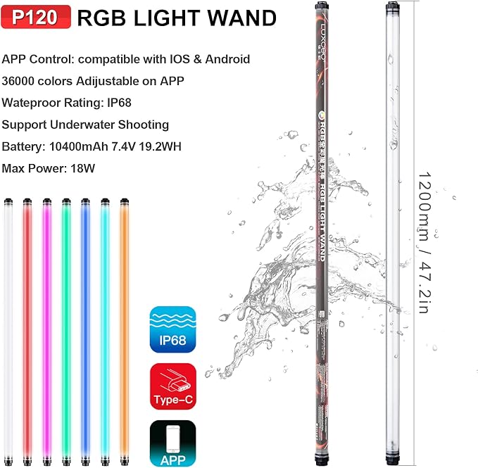 P120 RGB Handheld Photography Light, APP Control 1350 Lumen LED Video Light Wand 360°Full Color 12 Lighting Modes CRI≥95 IP68 Waterproof Built-in Rechargeable Battery 3000k 5750k Colorful Stick