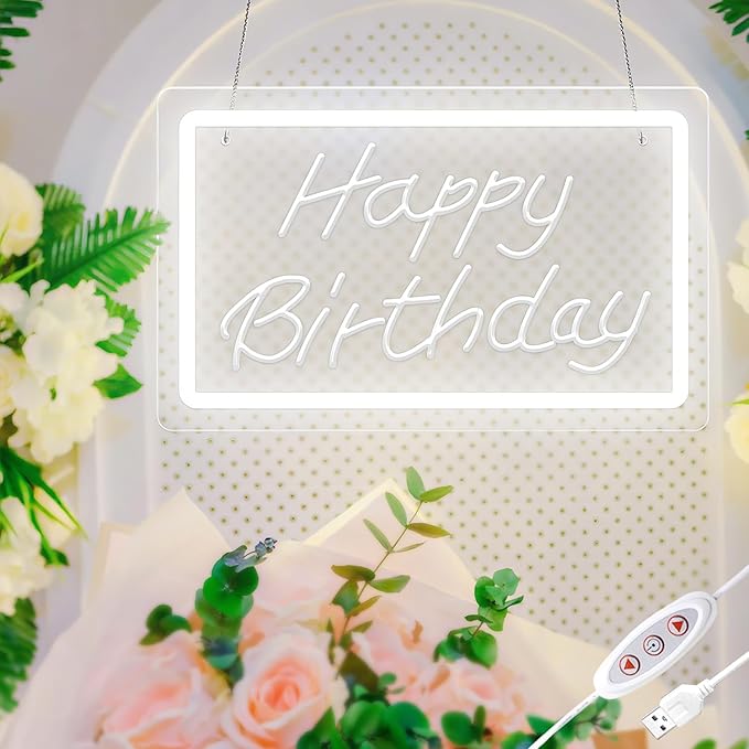 Happy Birthday LED Neon Sign – White Dimmable Neon Light, USB Powered Wall Decor for Party Backdrop, Bachelorette Party Decor, Ideal Christmas Gift & Birthday Gift