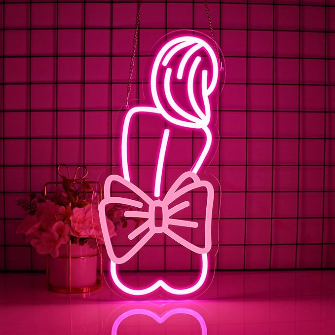 Lady Neon Sign - Pink Bow Neon Signs for Wall Decor, Lady Led Sign for Bar, Party, Home, Room Decor, USB Powered