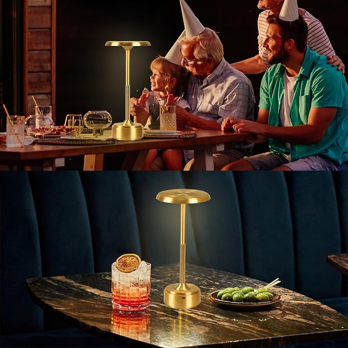 Cordless Rechargeable Modern Metal Table Lamp, Touch Dimming, 3-Color | Gold, 5200mAh Battery, Portable LED Desk Light, Touch Sensor, Suitable for Night Light/Restaurant/Night Stand/Coffee/Bar