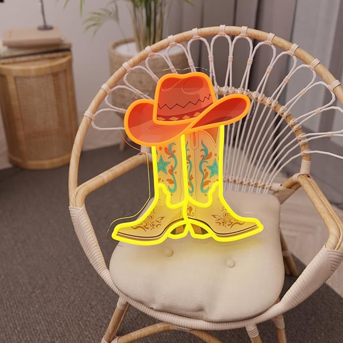 Cowboy Boot Neon Sign for Wall Decor Cowboy Hat Light Up Sign Dimmable Western Neon Sign for Game Room, Bedroom, Man Cave, Bar, Country Party Decor Rodeo Gifts for Birthday, Christmas