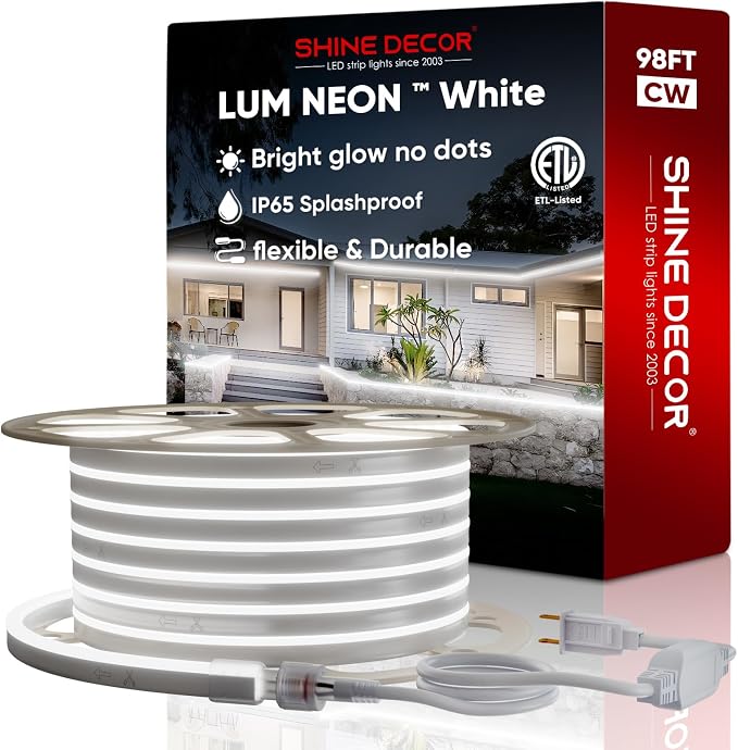 LED Neon Rope Lights AC 120V, Expandable & Cuttable 120LEDs/M Bright Strip Lighting, ETL Cold-Resistant & IP65 Waterproof for Indoor Outdoor, 8x16mm, 6300K Cool White, 98.4ft