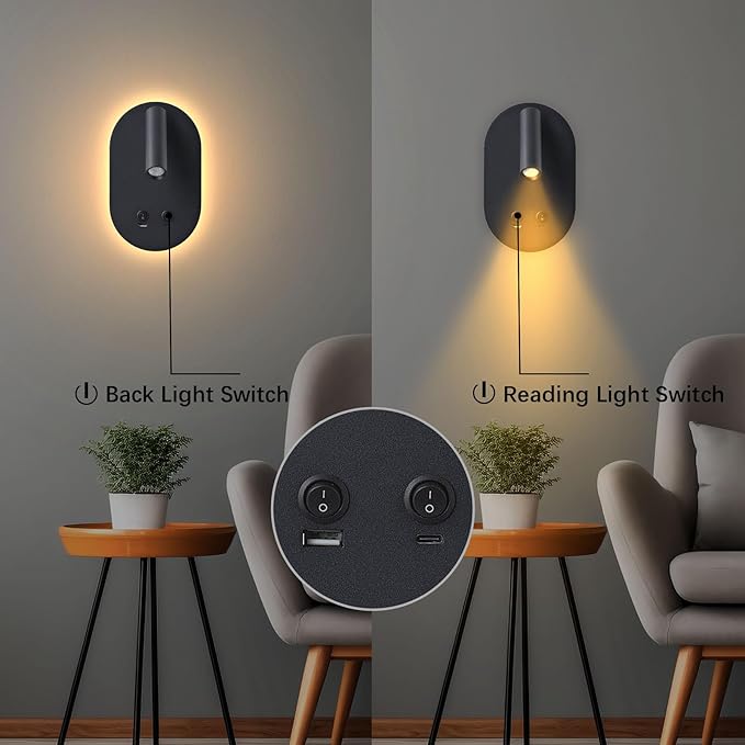 LED Wall Lamp Wall Mounted Reading Lights, Plug in Wall Sconces Set of 2, Multifunctional Wall Light with USB Type C Ports, Adjustable Headboard Spotlight 3W Book Light and 9W Night Light (Black)