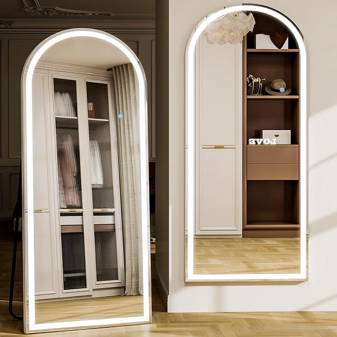Arched LED Full Length Mirror - 65"x26" Full Body Standing Mirrors | Floor Mirror with Light, Shatterproof Tempered Glass-Dimmable & 3 Color Lighting/Wall Mounted Mirror for Bedroom/Cloakroom