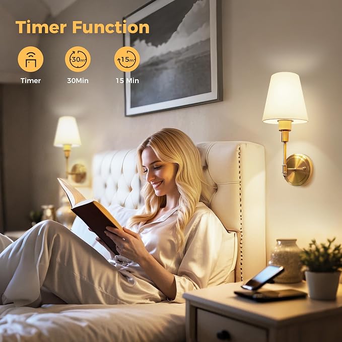 Battery Operated Wall Sconce: Set of 2 Wireless Wall Light 12000mAh | 15 Color Rechargeable Wall Sconces, Sconce Wall Decor Set of 2 for Bedroom, Living Room, Gold 14.8in