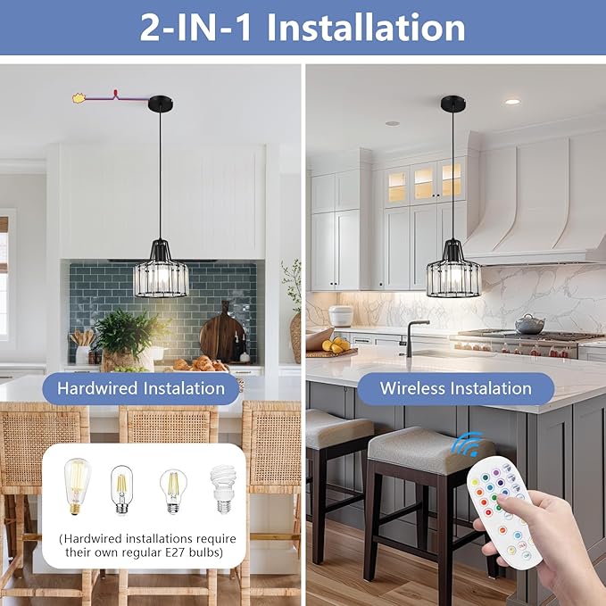 Battery Operated Pendant Lights,Rechargeable Pendant Light with Remote,Crystal LED Pendant Light Fixtures for Kitchen Island,Black Modern Hanging Lights for Bedroom,Dining Room Hallway Entryway