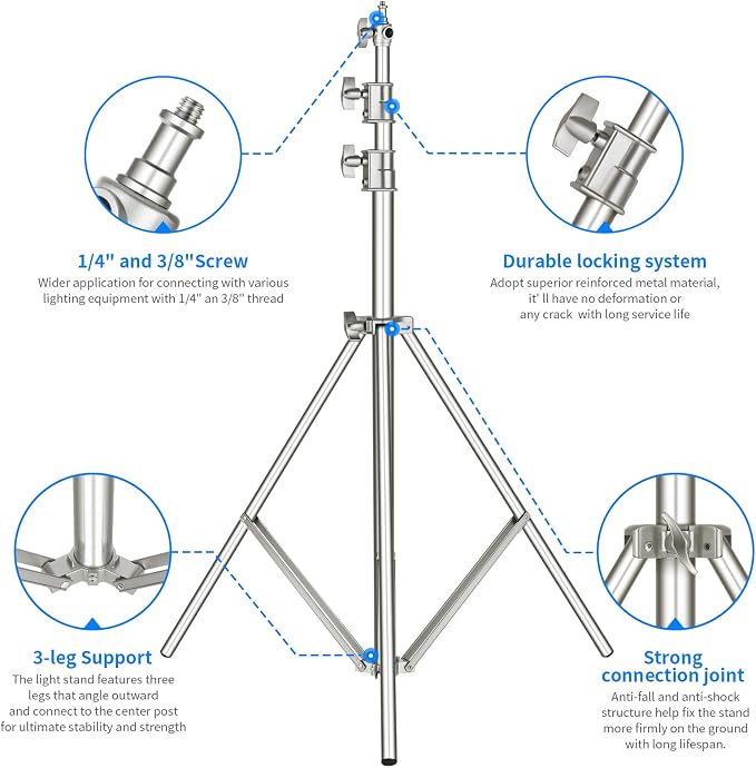 NEEWER 118"/3m Stainless Steel Light Stand, Spring Cushioned Heavy Duty Photography Tripod with 1/4" to 3/8" Universal Screw Adapter for Strobe, LED Video Light, Ringlight, Monolight, Softbox