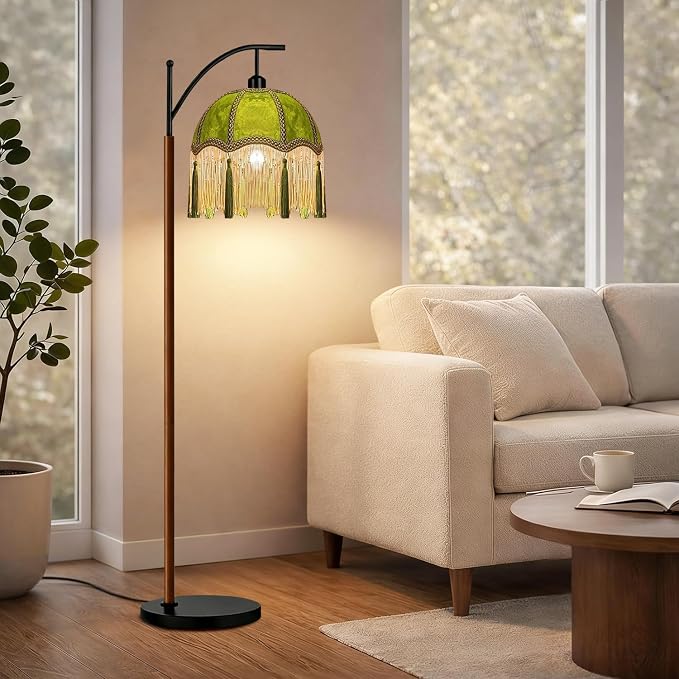ILLMTW Fringe Floor Lamp for Living Room,Bedroom,Victorian Standing Lamp with Remote Dimmable,Green Mid Century Black Arc Tall Lamp Boho Vintage Retro Wood Tassel Flower Unique Lamp Tiffany Decor