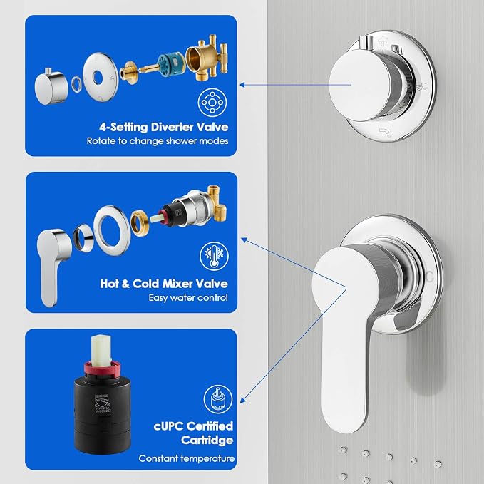 ROVOGO Shower Panel Tower System with 4 Shower Modes, 46.5", No Led Lights | Rain Shower Head, 2 Body Jets, Handheld and Tub Spout, Stainless Steel Shower Column w/ Brass Valves, cUPC Cartridge, Brushed