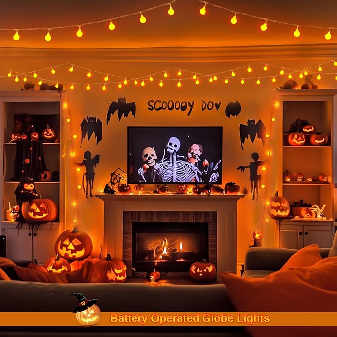 JMEXSUSS 100 LED Globe Orange Halloween Lights Battery Operated | 33ft 8 Modes Indoor Christmas Lights with Remote, Battery Powered Orange Lights Outdoor for Room Bedroom Party Patio Yard
