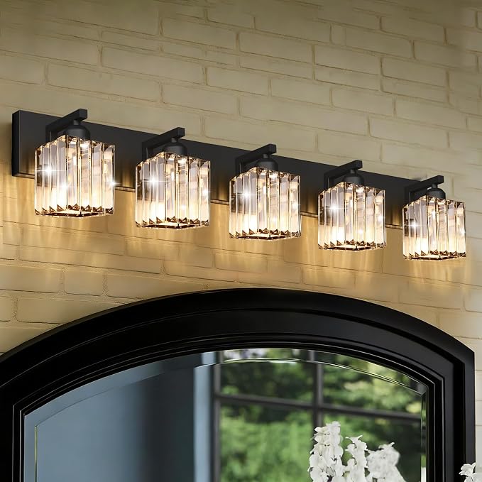 Black Crystal Bathroom Vanity Light, 5-Light Modern Bathroom Lighting Fixtures Over Mirror, Matte Black Wall Sconce Light Fixtures with Square Shade