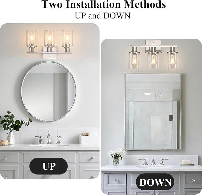 Brushed Nickel Bathroom Light Fixtures Over Mirror,3-Light Bathroom Vanity Light with Clear Glass Shade,Modern Farmhouse Wall Sconces Lighting for Mirror Kitchen Living Room Cabinet