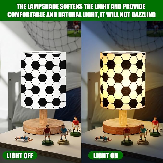 Soccer Kids Table Lamp for Bedroom Kids Bedside Lamp with Linen Wooden Nightstand Cartoon Nursery Lampshade for Girls Boys Living Room
