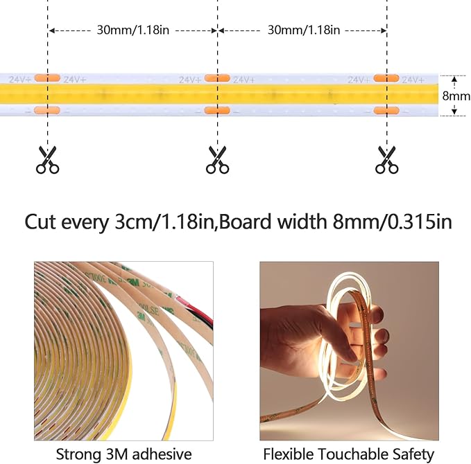49.2ft/15M 24V COB LED Strip Light Natural White 4000K 5760LEDs CRI 93+ 11000lm Uniform Glow IP20 Not Waterproof Flexible LED Tape Lights for DIY Cabinet Bedroom Home Decor(No Power Supply)