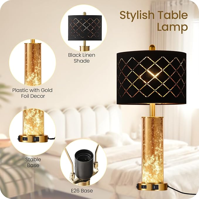 25.6" Black Table Lamps Set of 2, Tall Bedside Lamps with Nightlight, Modern Nightstand Lamp with USB Ports, Desk Lamp for Bedroom, Living Room, Office, LED Bulbs Included B01TL05