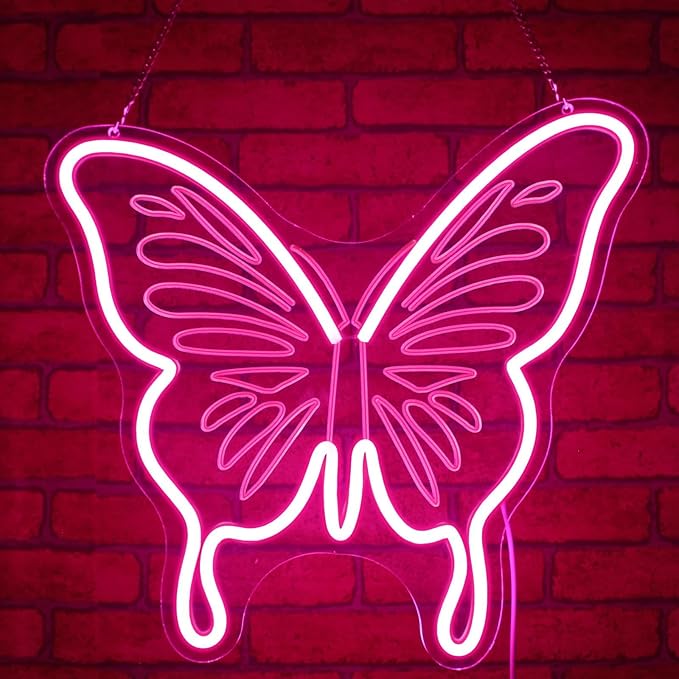 Butterfly Neon Sign, JGHTURIE Pink Neon Signs for Wall Decor Engraved LED Light Up Sign Room Decor for Club Party Bar Signs Decoration USB Powered