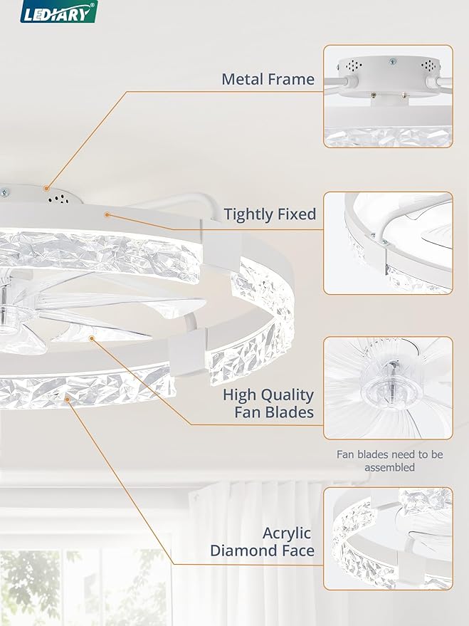 LEDIARY 24 Inch Low Profile Ceiling Fans with Lights and Remote, Flush Mount Fandelier Ceiling Fan, 3000K-6000K Dimmable LED Fan Light, White Modern Ceiling Fans with Lights for Bedroom