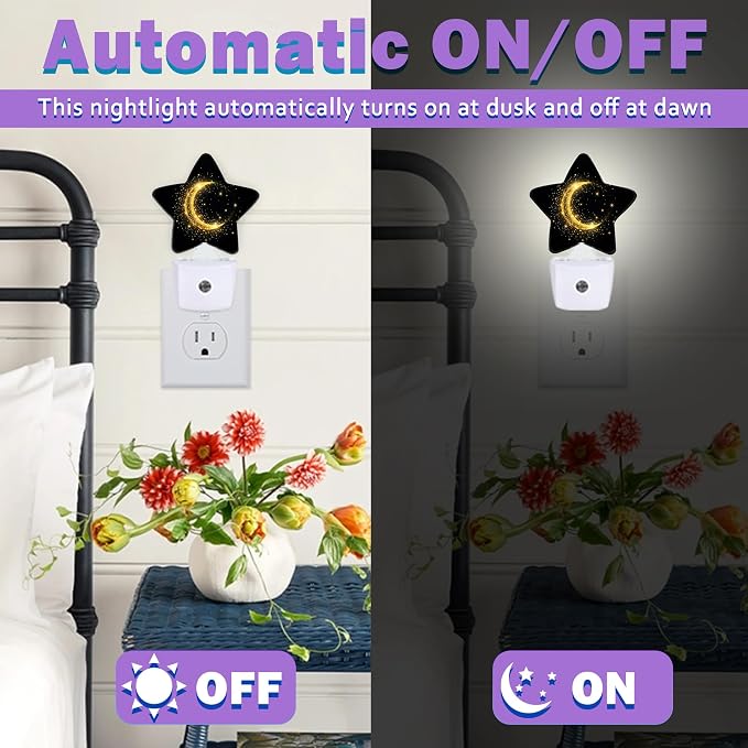 Gold Moon Night Light for Kids,Black Glitter Night Lights Plug Into Wall, Lightweight Dusk to Dawn Light Sensor Warm Nightlights for Girls Boys Bedroom Nursery Basement