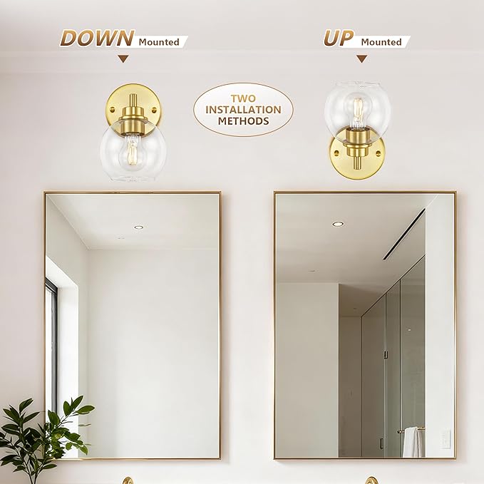 Gold Bathroom Vanity Lights, 1-Light Wall Sconce with Glass Globe Shade, Vanity Lighting for Bathroom/Bedroom/Dressing Room, Vertical/Horizontal Mounted, E26 Bulb Base (Bulb Not Included)
