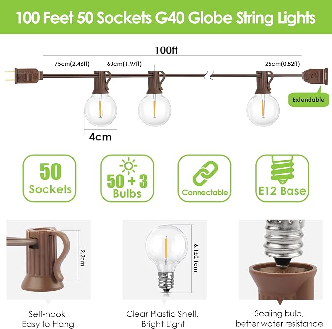 100Ft LED Outdoor String Lights, Dimmable G40 Globe Patio Lights with 50+3 Waterproof Shatterproof Bulbs for Backyard Porch-Brown Cord 1 Pack