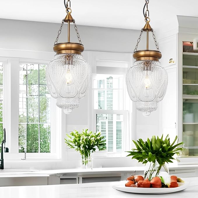 Vintage Brushed Gold Pendant Light with 7.9in Clear Heavy Thick Glass, Farmhouse Bronze Pendant Lights Kitchen Island, Vintage Looking Hall Pendant Light Fixture for Hallway, Bathroom, Bedroom