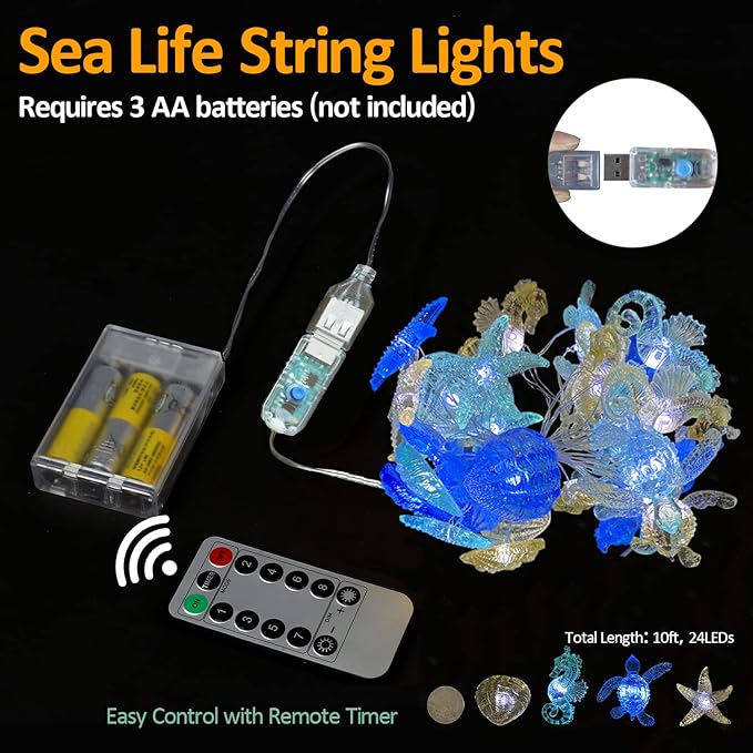 Ocean Themed String Lights Marine Life Night Light Beach Décor Sea Turtle Seahorse Starfish Clam Decorative Lights Battery Operated USB Plug in 30LED 10ft Christmas Tree Ornaments Holiday Bedroom
