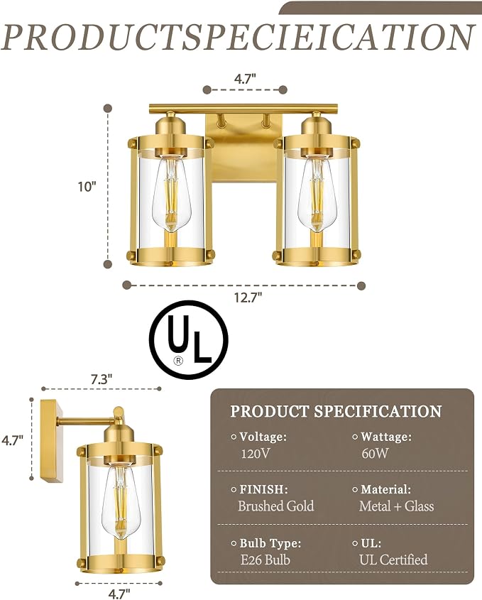 2-Light Brushed Gold Bathroom Light Fixtures, 13.8 Inch Modern Bathroom Vanity Lighting Fixtures Over Mirror with Clear Glass and Metal Cage Wall Sconce Lights for Bath, E26, OS-3014BG-2W