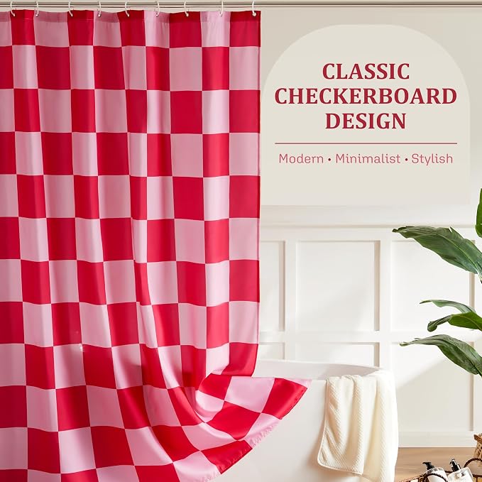 Ohocut Checkered Shower Curtain, Double Pink Plaid Shower Curtains for Bathroom, Cute Retro Checkboard Shower Curtain Vintage Aesthetic, Washable Fabric Bath Curtain 72''x72''