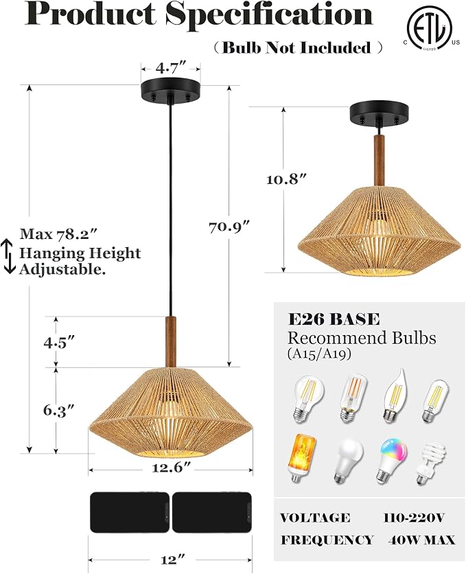 ELYONA 12.6" Boho Pendant Light Fixtures, Rattan Woven Pendant Light with Solid Ash Wood, Hanging Light for Kitchen Island, Farmhouse Ceiling Light for Dining Room Bedroom Living Room