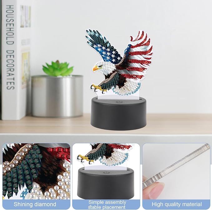 JISHSHAY Diamond Painting Night Light Diamond Art Table Lamps Gem Art LED Lights Gem Painting Desk Lamp Mosaic Kits for Adults DIY Kits for Adults with Special Shaped American Flag Eagle
