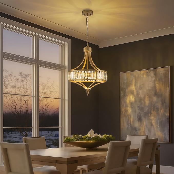 Crystal Vintage Chandeliers for Dining Room, 15.7" 4-Light Modern Gold Round Pendant Light Fixtures, Bathroom Chandelier for Entryway Foyer Living Room Bedroom Kitchen Island