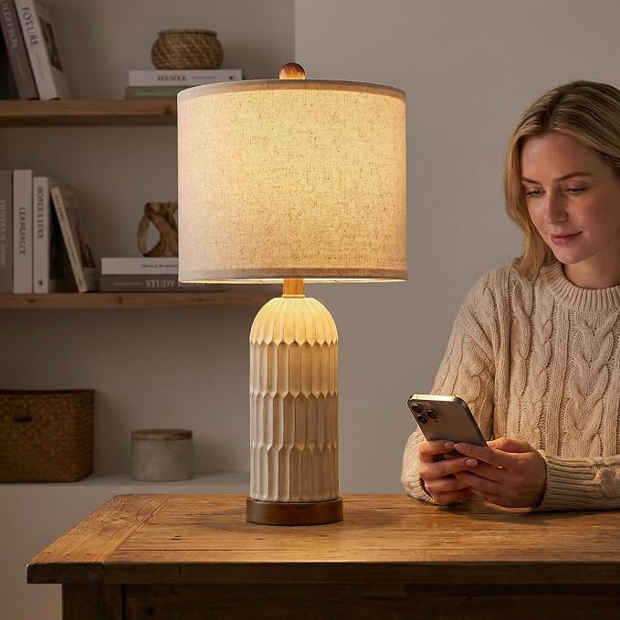 22" Bedside Table Lamps Set of 2, Farmhouse Lamp with USB A+C, Brown | Vintage Nightstand Lamp for Bedroom, Retro Design, Home decor for living Room, Nursery, Home Office, End Side table, Hallway