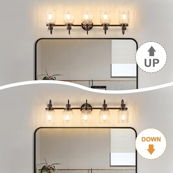 5 Lights Hammered Glass Bathroom Vanity Light, Oil Rubbed Bronze | Easy Installation,Up or Down,Farmhouse Modern Style,E26 Socket,ETL Certification