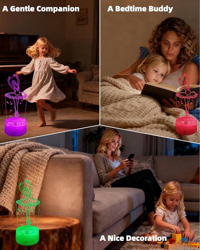 Ballet Dance Gift 3D Illusion LED Night Light, Ballerina Style | 16 Colors Changing, Dimmable, Touch & Remote Control, Girl Bedroom Room Décor, Christmas Birthday Toy Lamp for Kid Teen Women