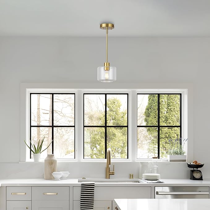Brushed Gold Pendant Lights Kitchen Island, 1-Light Modern Clear Glass Hanging Light Fixtures with Rods, Mini Kitchen Pendant Lighting Over Island for Sink Bathroom, OS-YQ8153-1PBGC