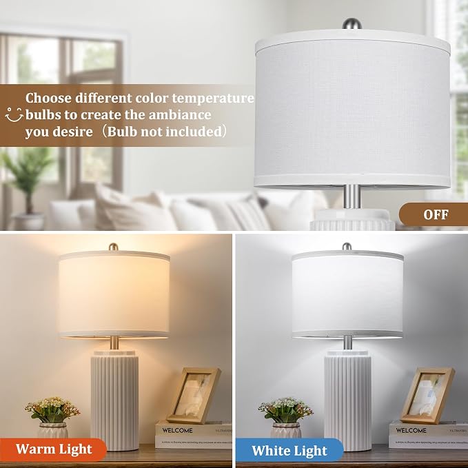 23.5" White Ceramic Table Lamps Set of 2, Modern Nightstand Lamps | Bedside Table Lamps with White Linen Shade, Ideal Size, Farmhouse Home Decor for Living Room Bedroom Office End Table Dorm