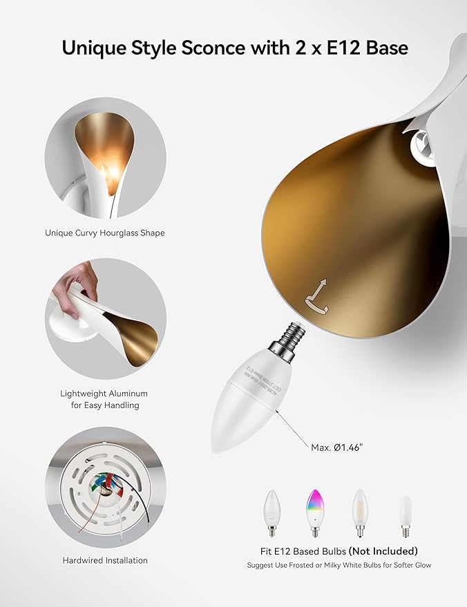 Tubicen Wall Sconces Dimmable Up and Down Indoor Theater Sconce Lights White and Gold Hardwired Modern Decorative Wall Lights for Living Room Bedroom Hallway Stairway 15.7" H
