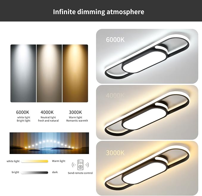 Tioolo Modern LED Ceiling Light, 27.5in Dimmable Linear Fixture with Remote | 3000K-6500K Flush Mount Ceiling Light, Black Acrylic Long Ceiling Light, Memory for Kitchen, Bedroom, Hallway, Closet, 40W
