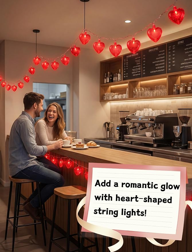 8.5 Ft Heart String Lights, Valentines Day Decorations Lights with 10 LED Glitter Red Heart Lights, Plug in Fairy Heart Shape String Lights for Wedding Anniversary Party Valentine's Day