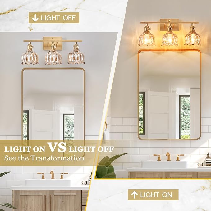 3-Light Amber Tulip Glass Vanity Light, Brushed Gold Vintage Bathroom Wall Sconce, 19.4" Antique Brass Hardwired Wall Lamp for Mirror, Powder Room, Bedroom (Individual Switches, Bulbs Not Included)